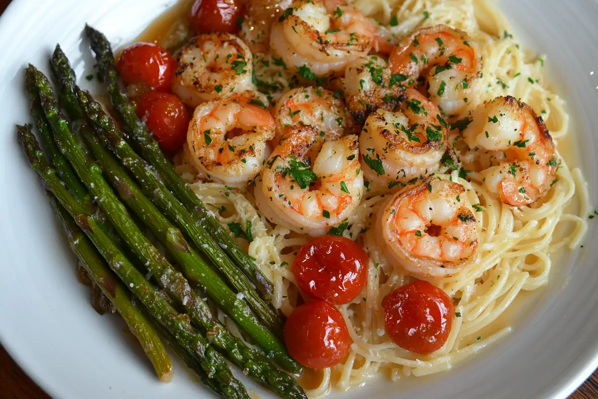 Close up view of a plate of Olive Garden Shrimp Scampi.