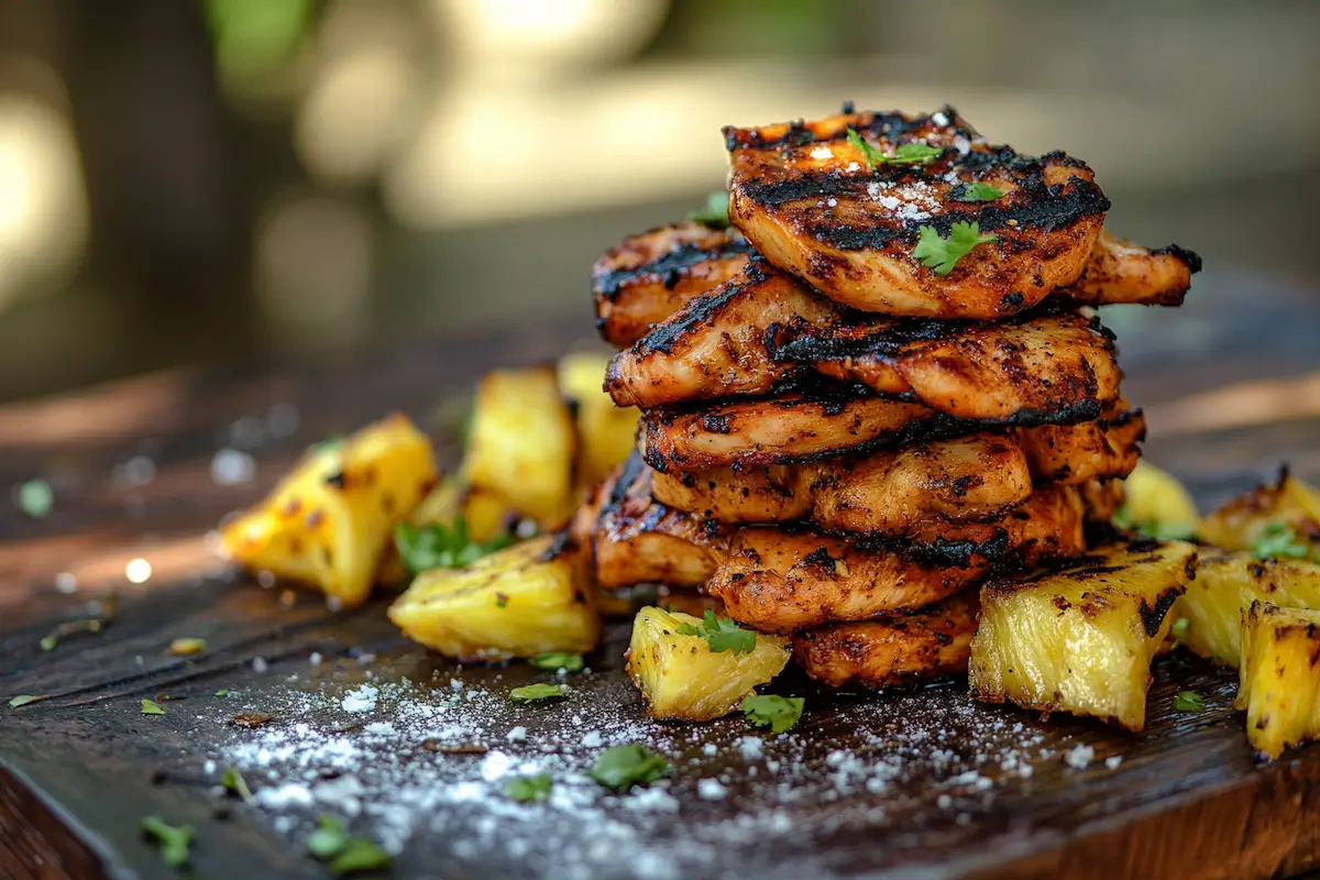 Close-up of succulent grilled Chicken Al Pastor with caramelized pineapple.