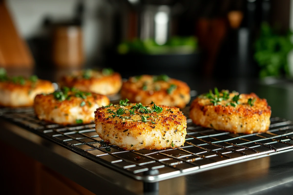 Crispy baked chicken cutlets with golden breading and herbs.