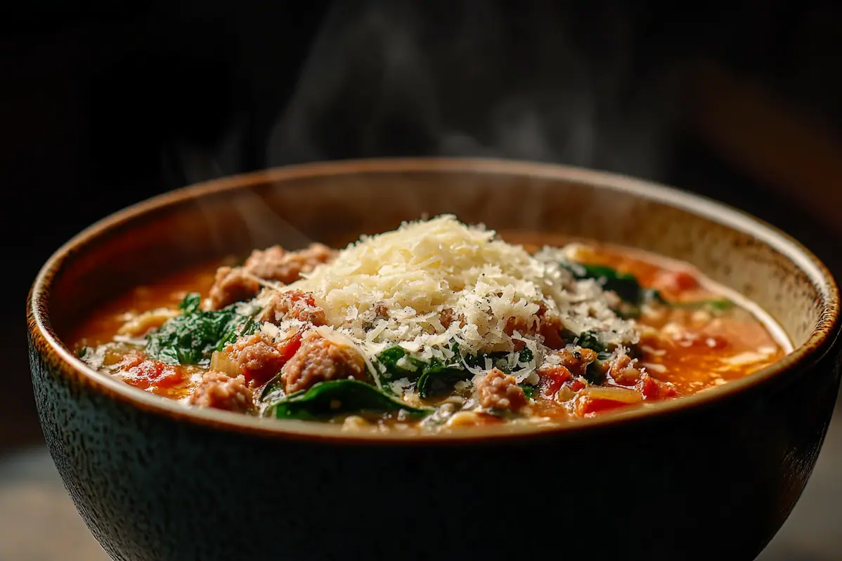 Creamy Parmesan Italian sausage soup in a bowl.