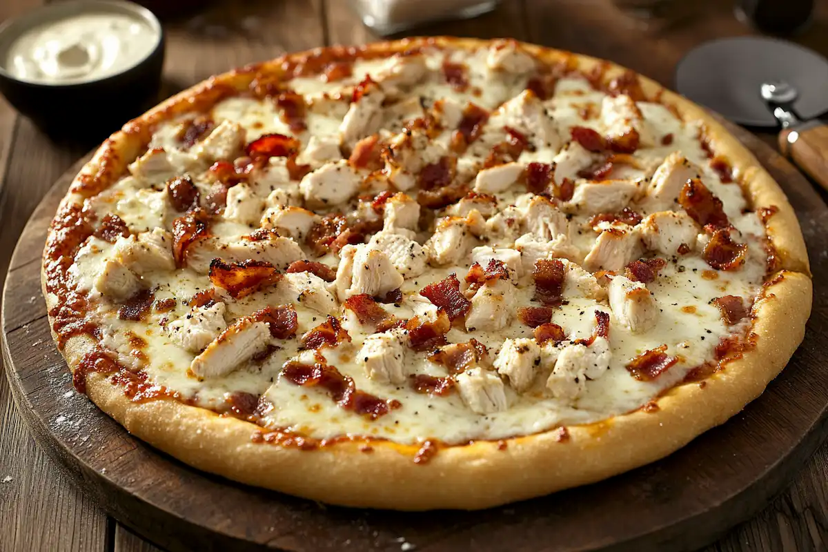 Golden-brown Chicken Bacon Ranch Pizza on a wooden board