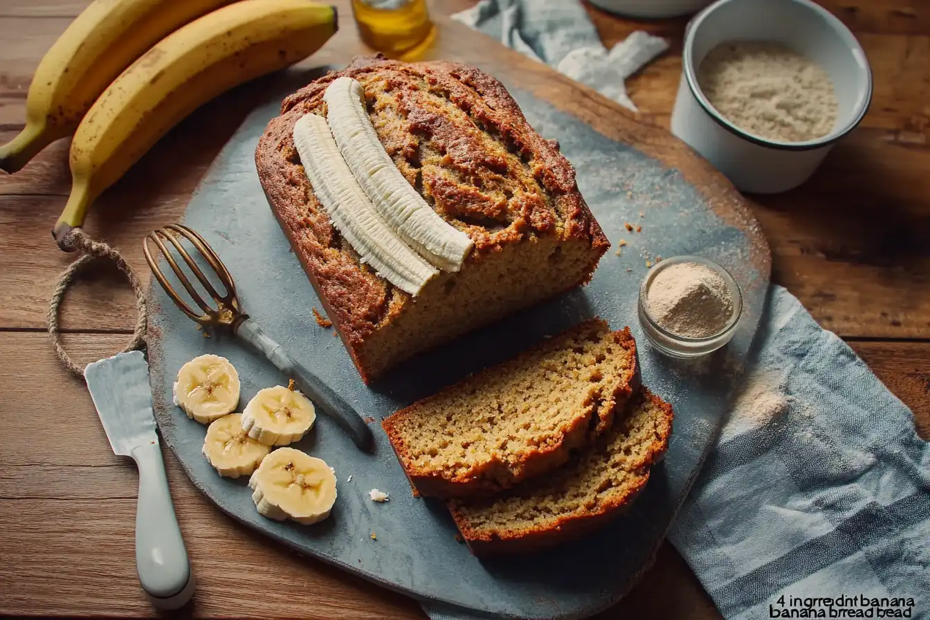 A loaf of fresh 3 A loaf of fresh 3 ingredient banana bread on a cooling rack.