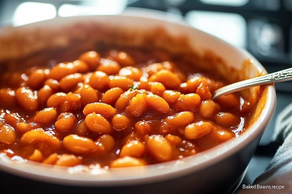 A savory baked beans recipe in a rustic bowl, ready to serve.