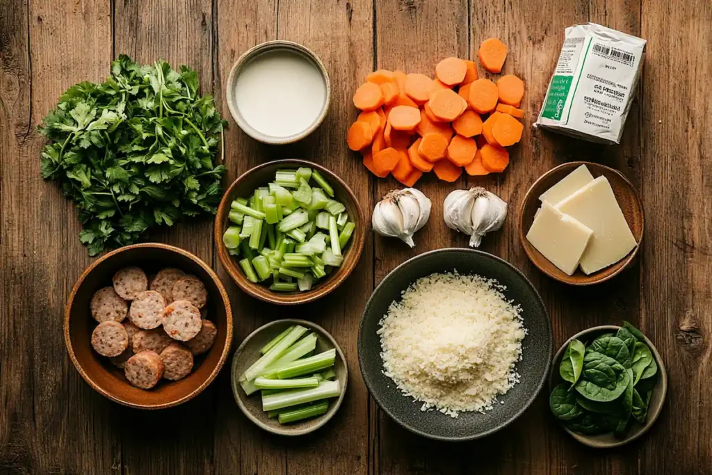 Fresh ingredients for making creamy Parmesan Italian sausage soup.