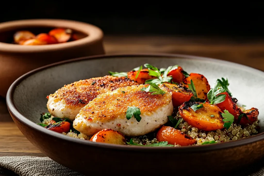 Plated meal with baked chicken cutlets, roasted vegetables, and quinoa.