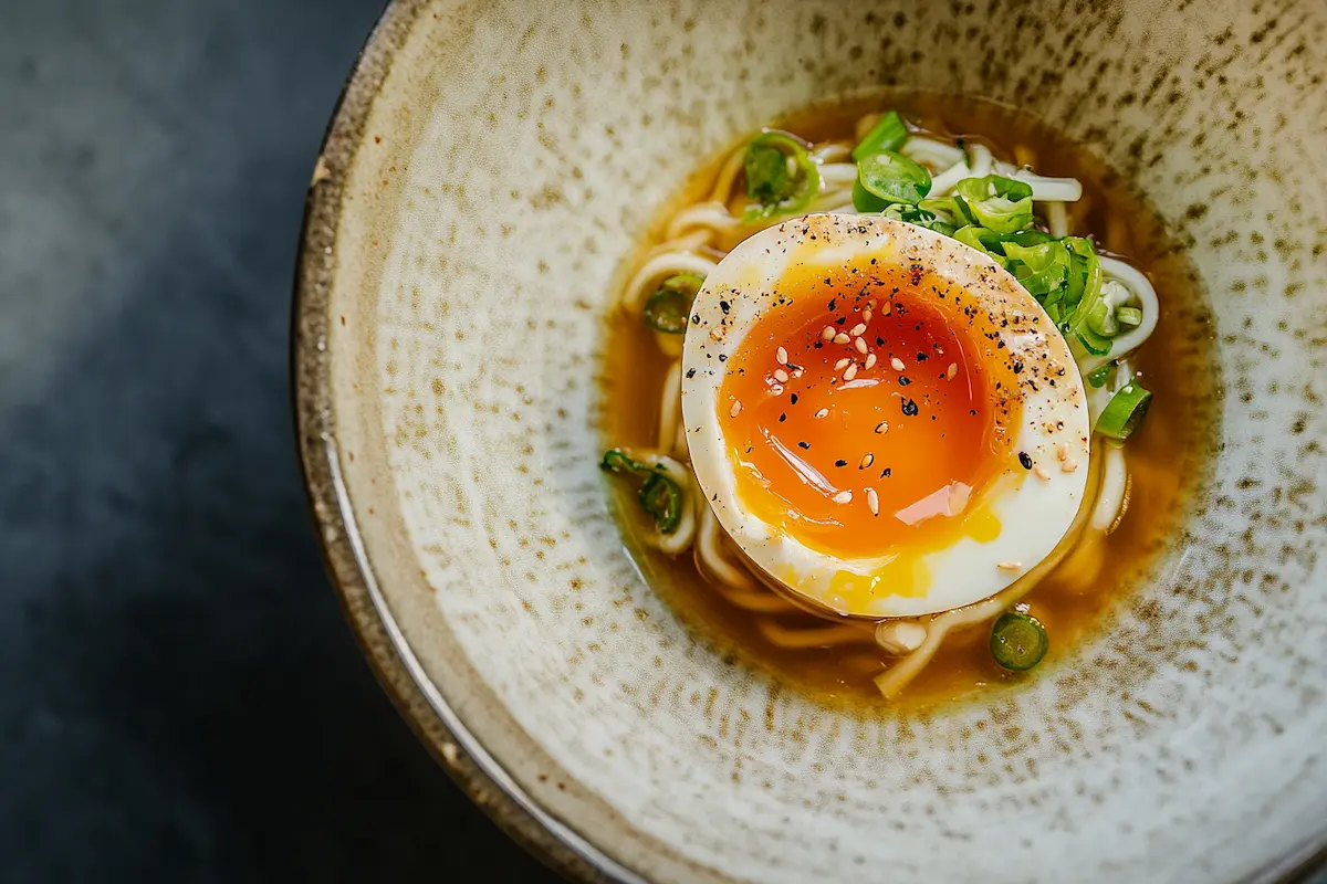 A halved jammy egg sits on top of ramen noodles in a bowl.