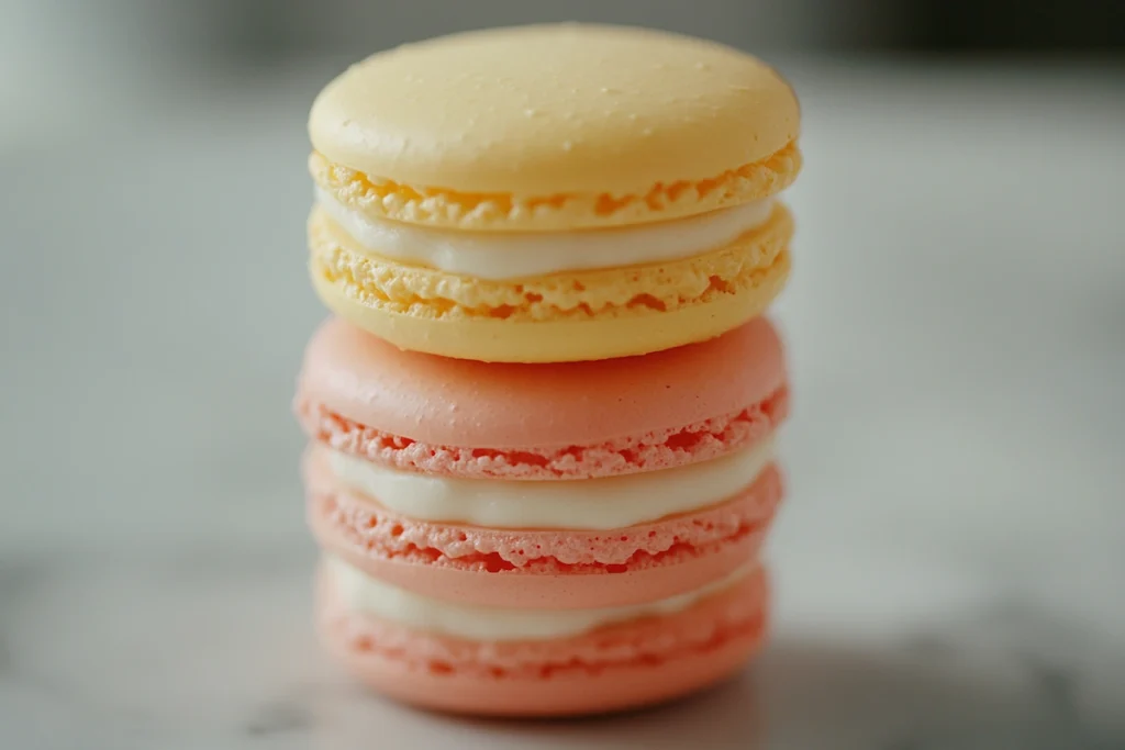 Colorful French macarons stacked to display their fillings and delicate shells.