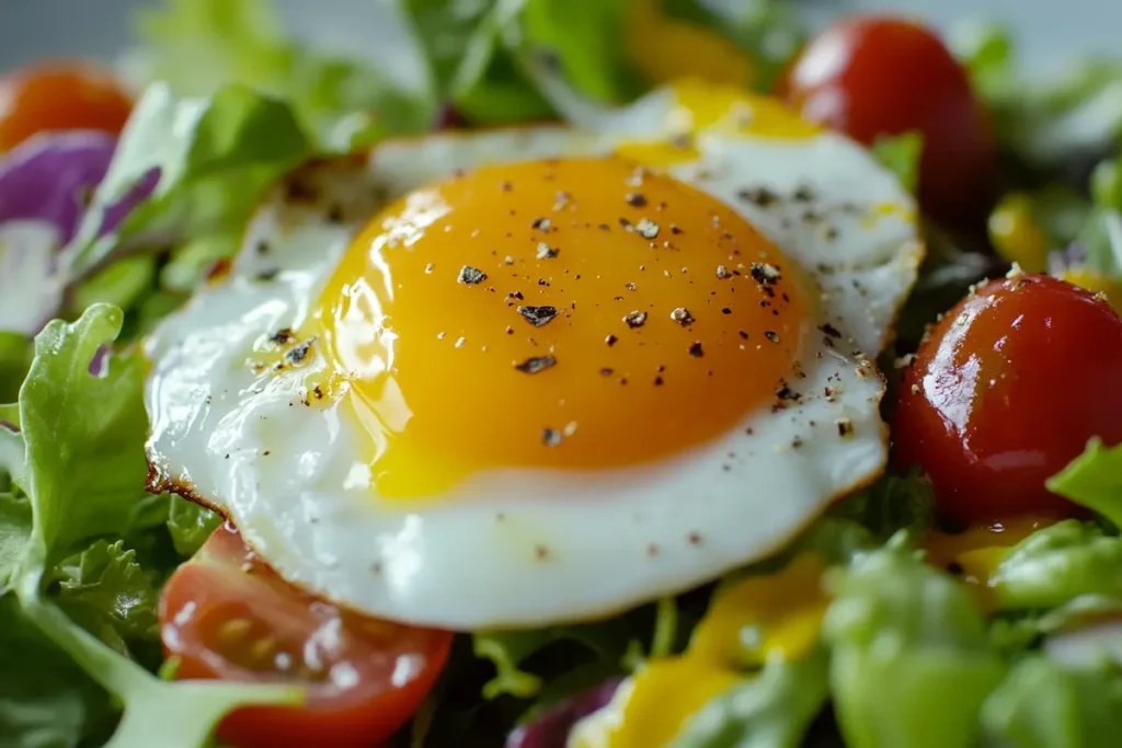 A sliced jammy egg is shown over a fresh garden salad.