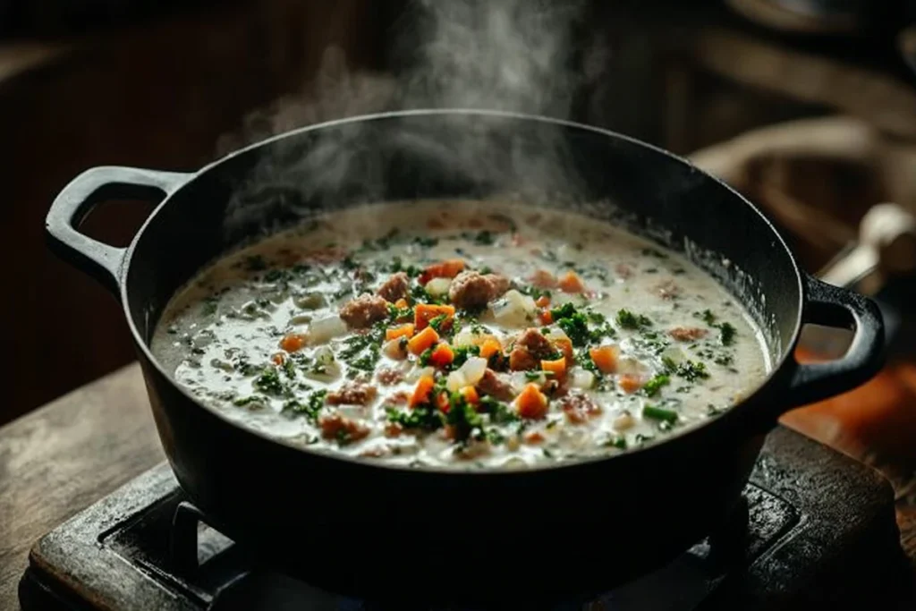 Cooking the creamy Parmesan Italian sausage soup.