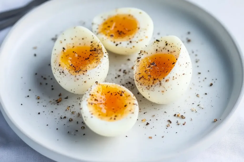 A single jammy egg is seasoned with salt and pepper.