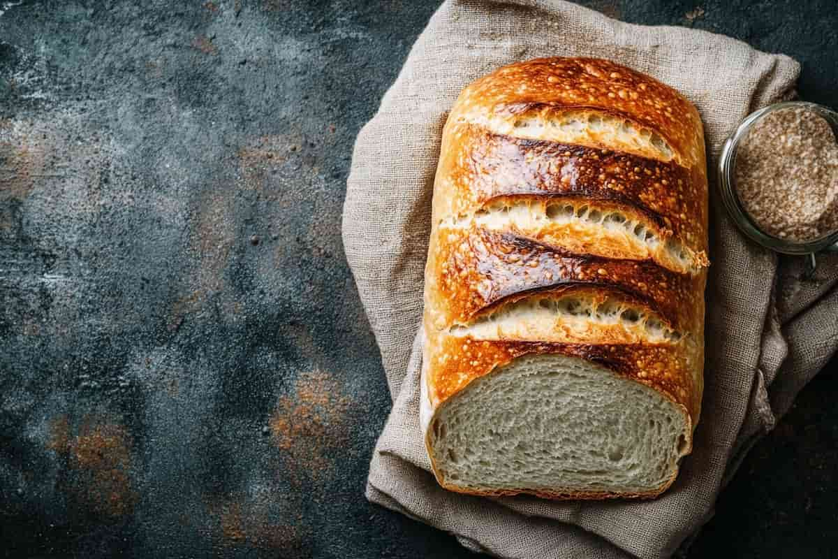 A freshly baked sourdough loaf with a golden-brown crust, showing what not to do with sourdough baking mistakes.