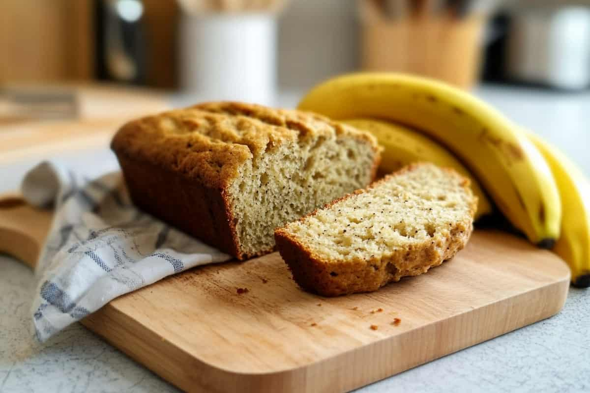 A slice of delicious banana bread made with only 2 bananas, served on a plate.