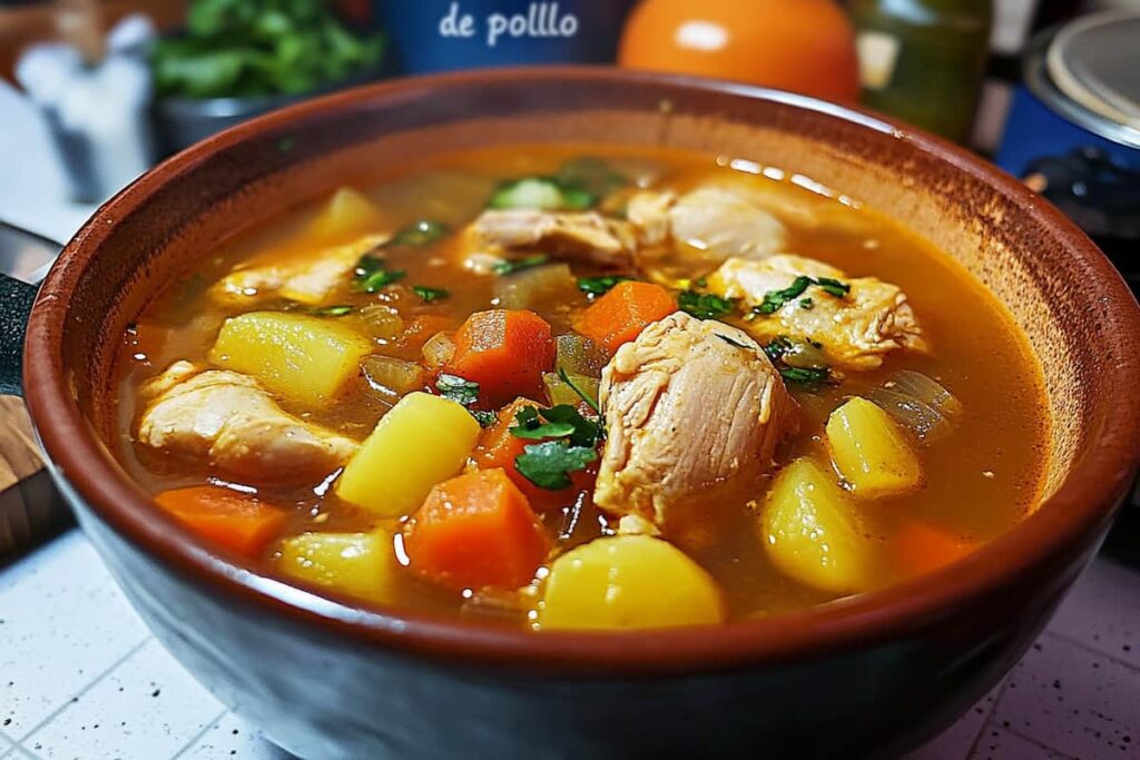 A comforting bowl of caldo de pollo recipe, with visible chicken, items, and broth.