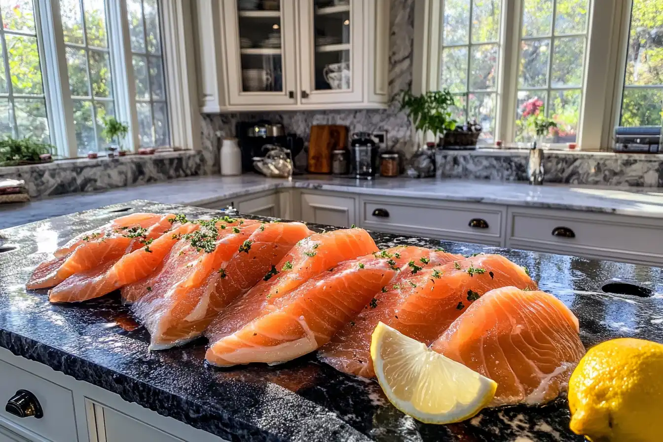 Slices of smoked salmon, with some lemon and dill.