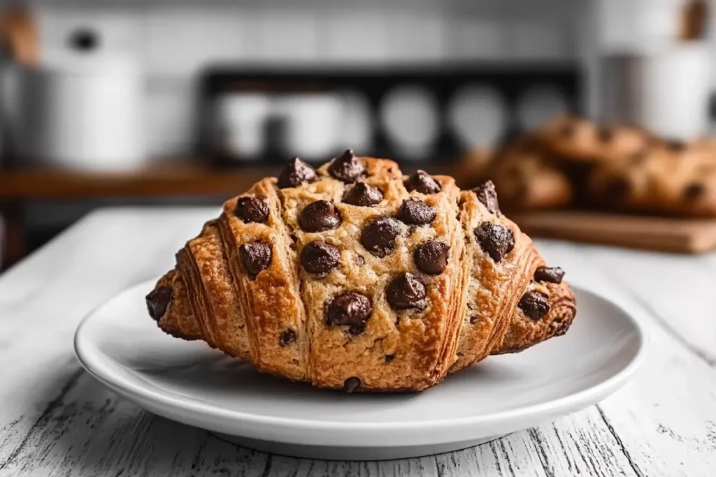 A close up of a delicious cookie croissant with flaky layers and a gooey cookie center.