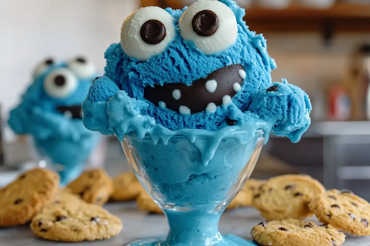 A scoop of vibrant blue cookie monster ice cream with chocolate chip cookie pieces.