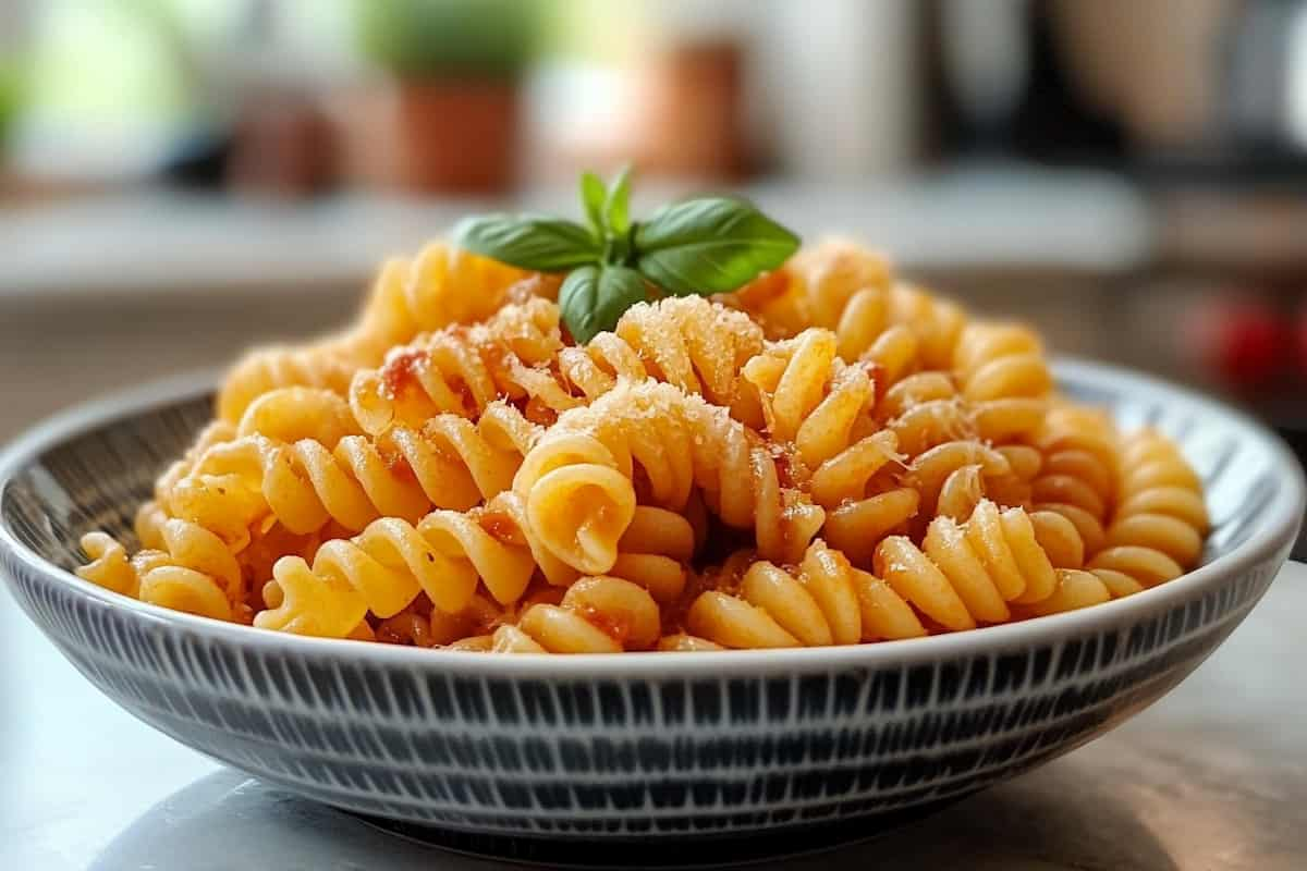 A bowl of freshly cooked corkscrew pasta with tomato sauce.