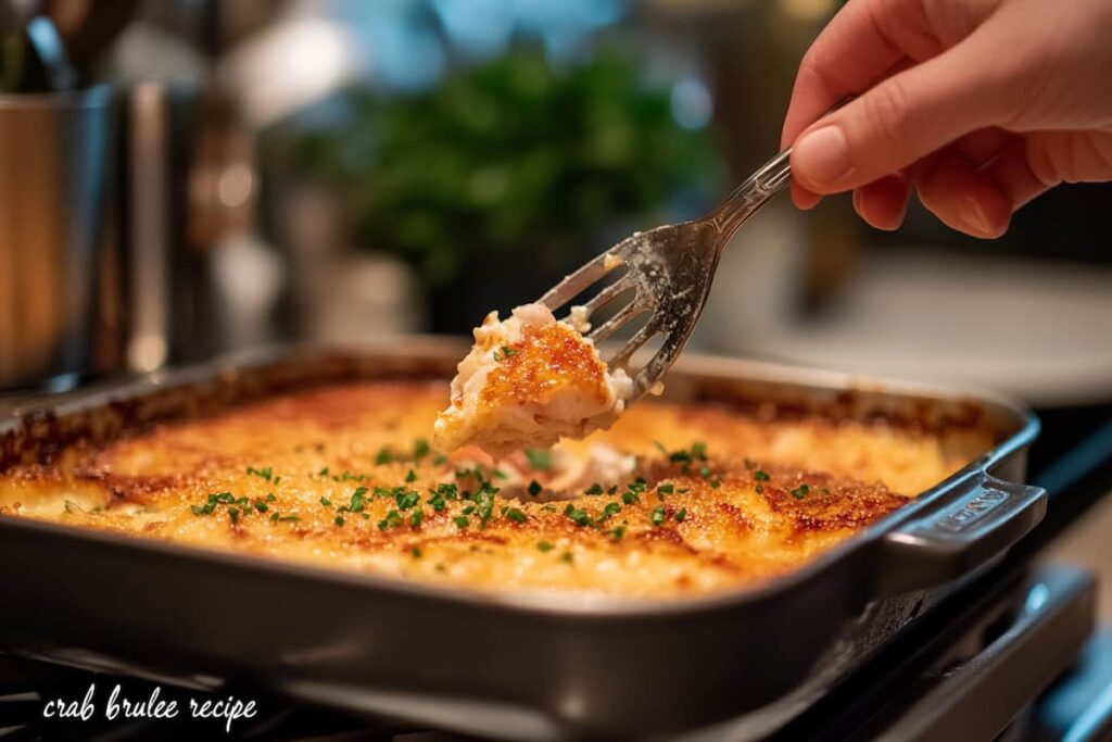 Close-up of caramelized crab brulee in a ramekin, ready to eat.