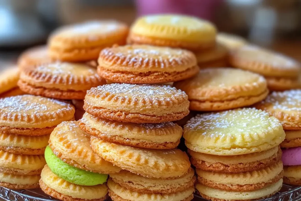 A colorful array of French cookies displayed on a white plate.