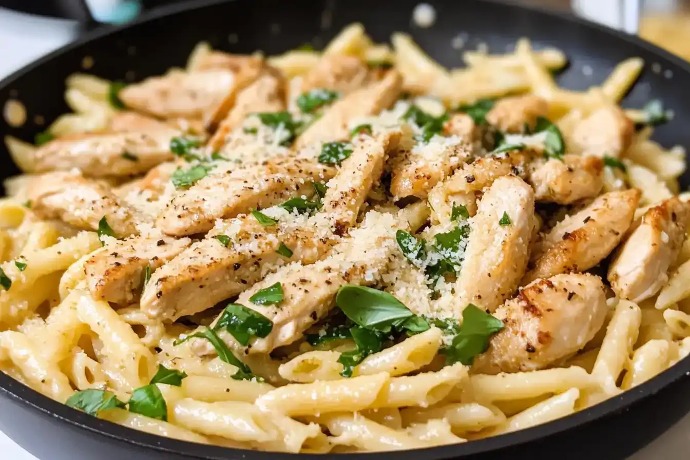 Delicious garlic parmesan chicken pasta in a bowl.