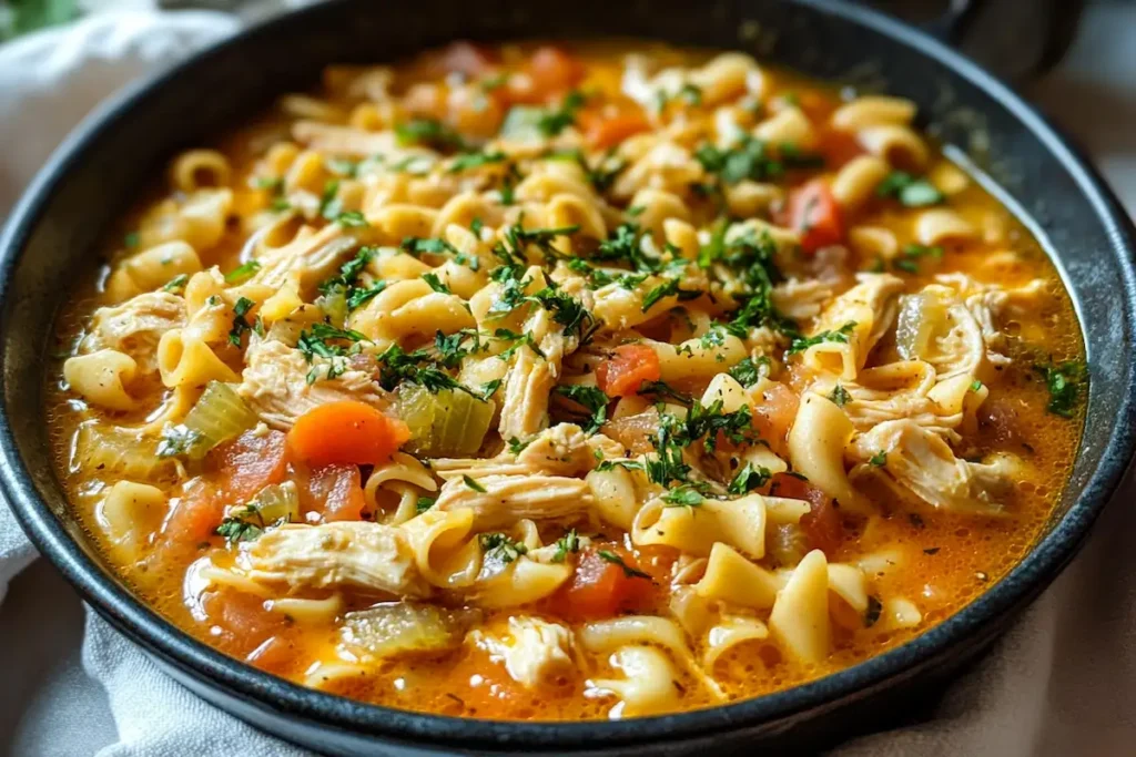 A warm, inviting bowl of gluten-free chicken noodle soup with visible pieces of chicken, colorful vegetables, and gluten-free noodles.