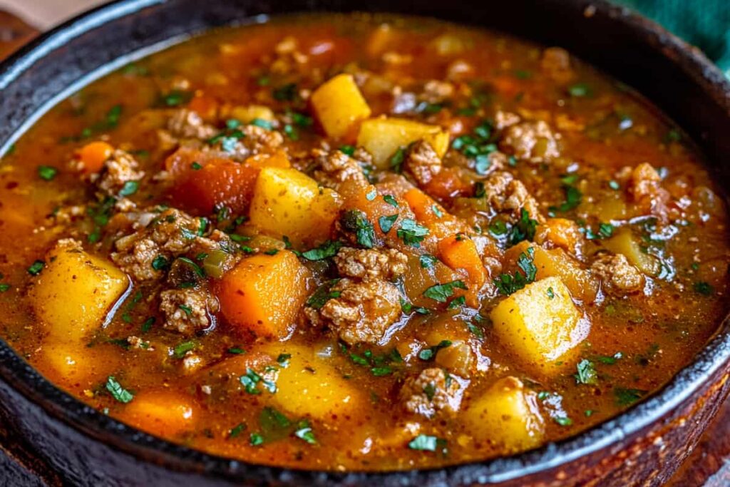 A bowl of green chili stew garnished with cilantro and sour cream.