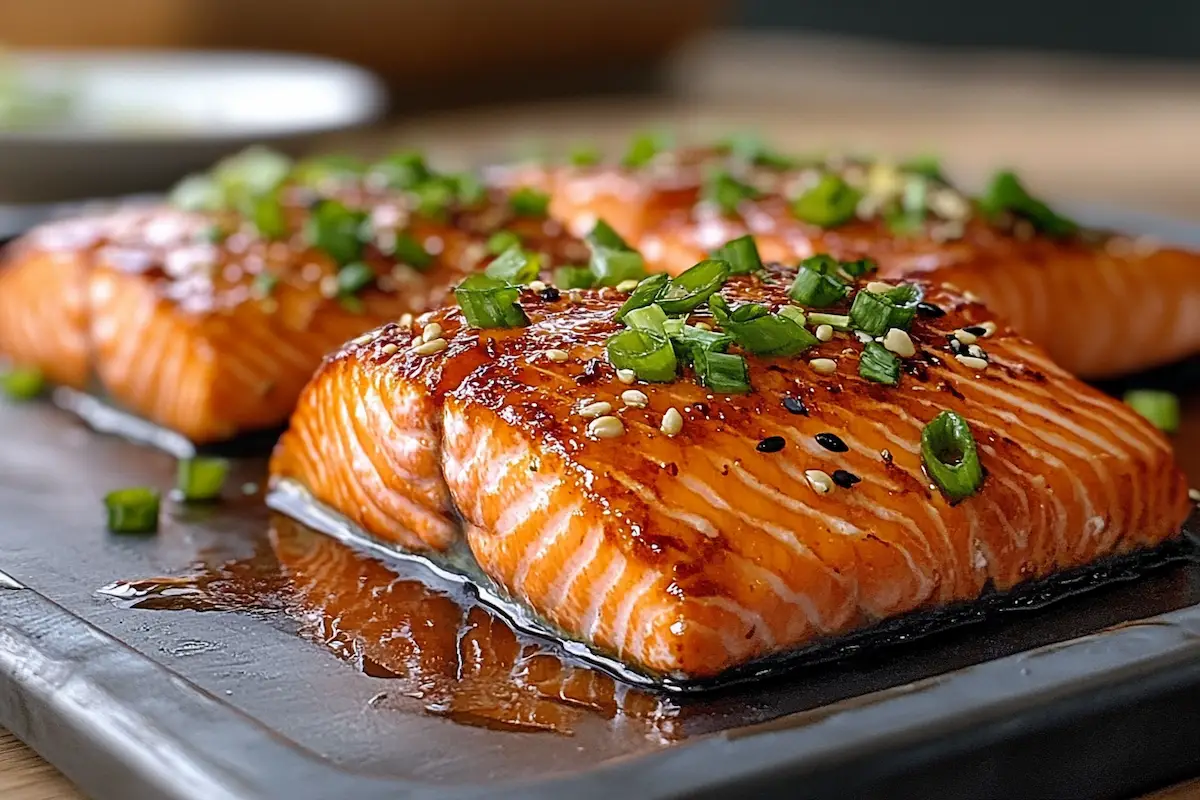 A close up of delicious pan-seared king salmon fillet, ready to eat.