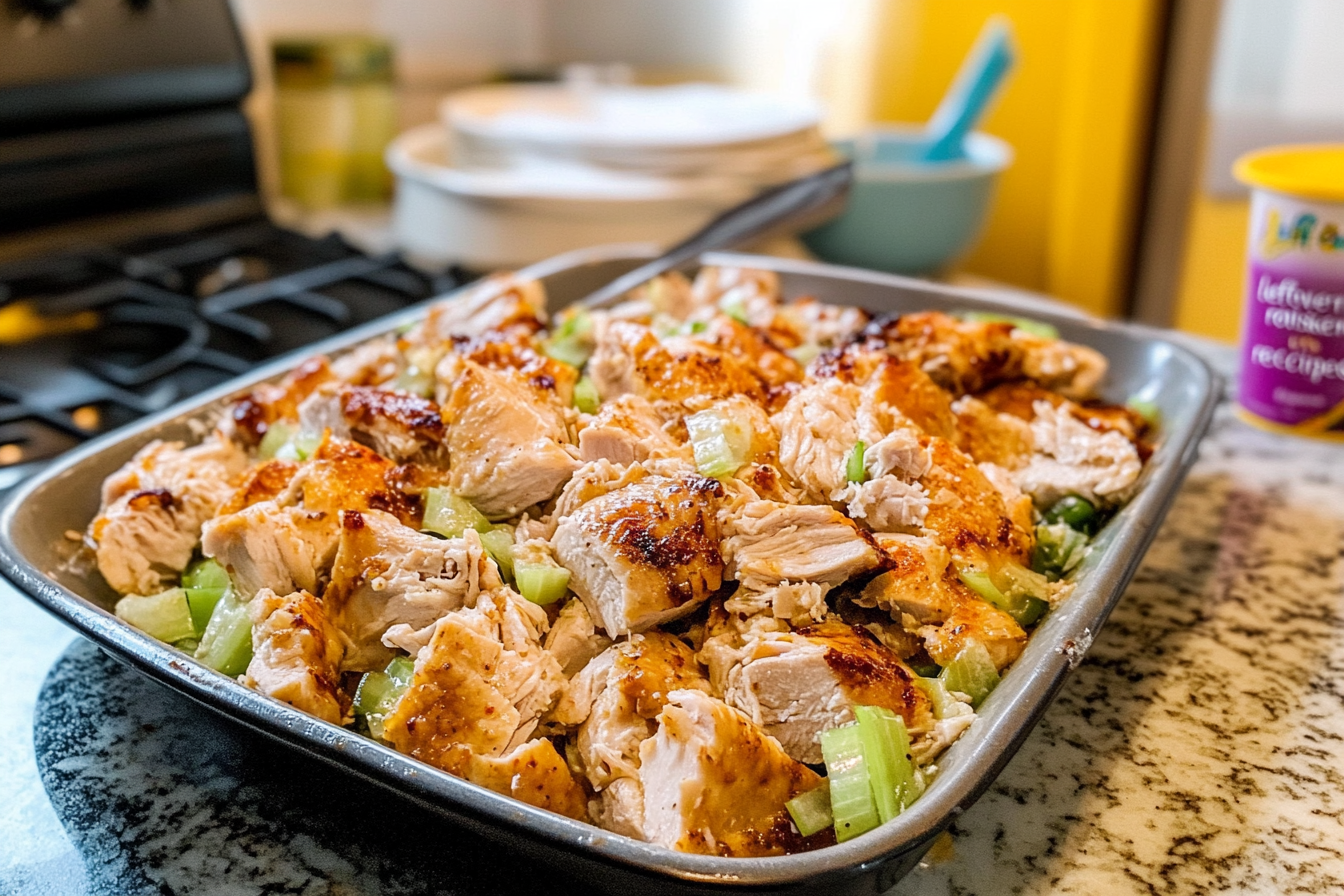 A variety of leftover rotisserie chicken recipes on a table.