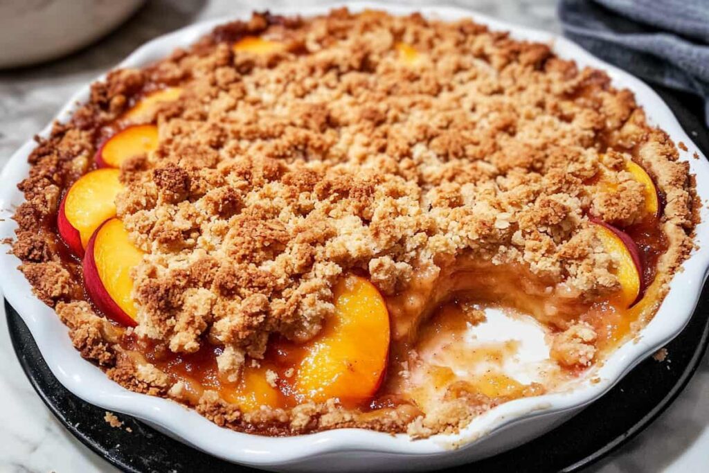 A delicious homemade peach crumble recipe with a golden brown topping, ready to be served.