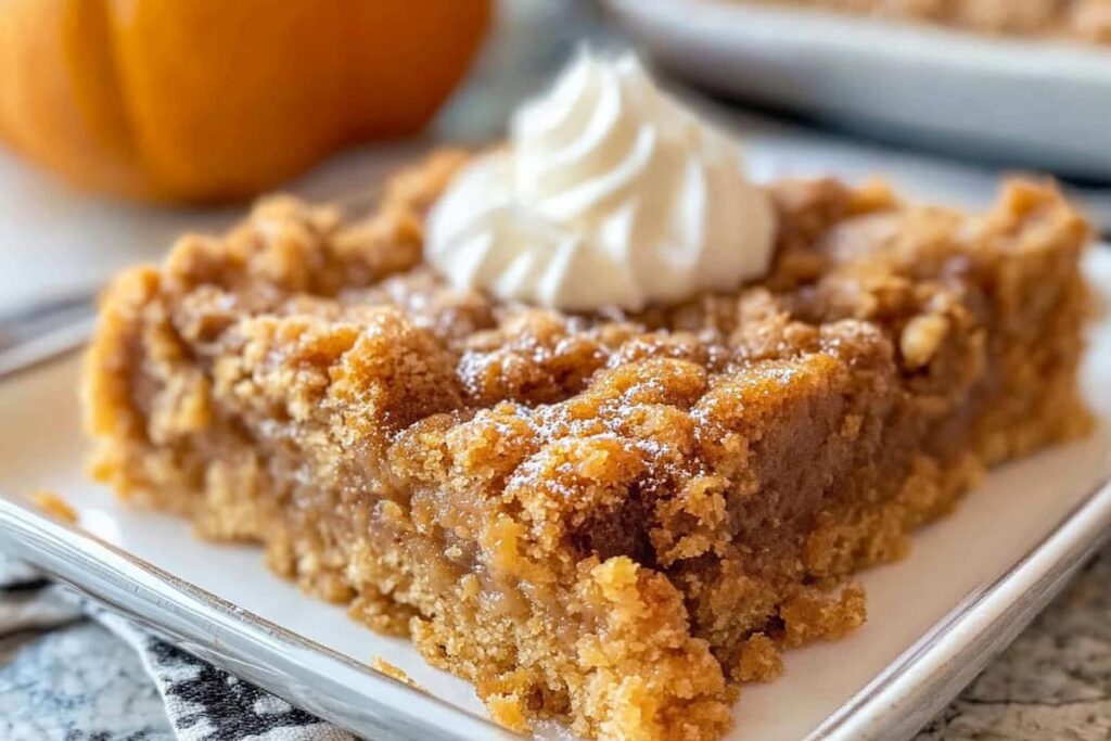 A delicious pumpkin dump cake recipe displayed on a serving plate.