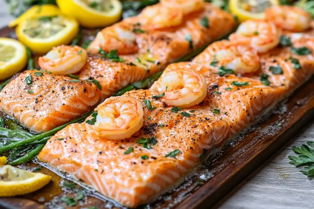 A delicious plate showing different ways to prepare salmon and shrimp recipes.