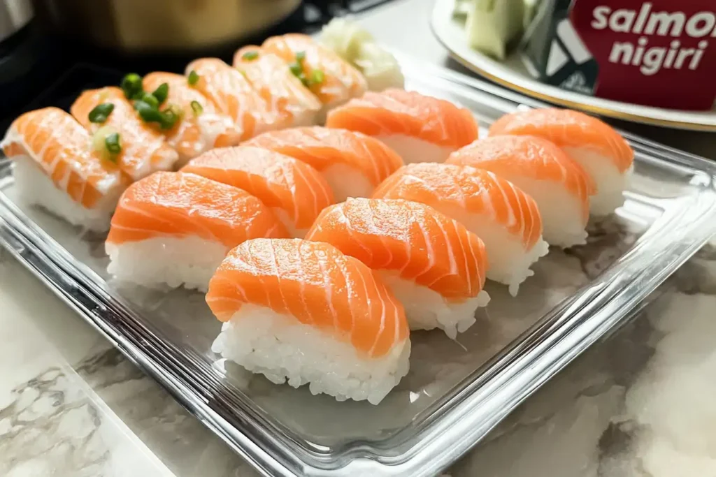 A close-up of fresh salmon nigiri on a plate.