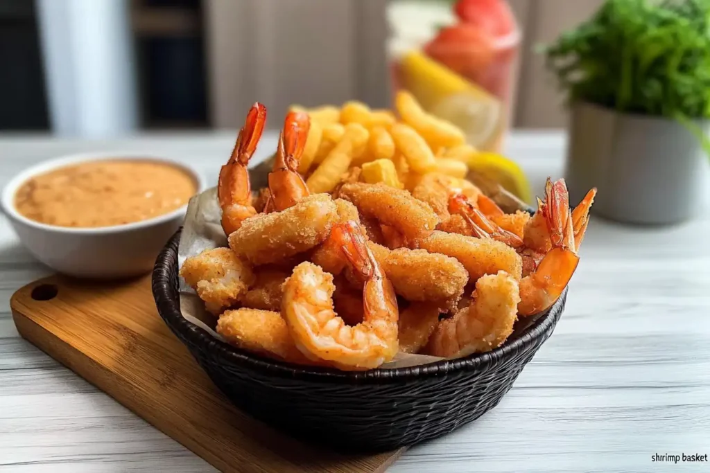 A delicious shrimp basket with fries and tartar sauce, ready to eat.