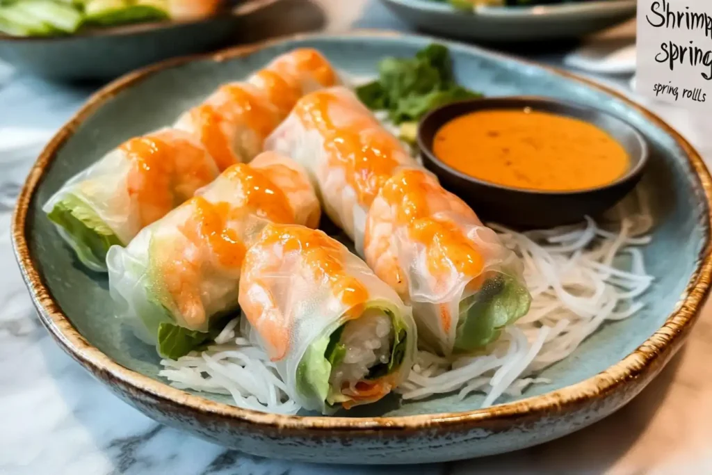 Fresh shrimp spring rolls with dipping sauce on a white plate.