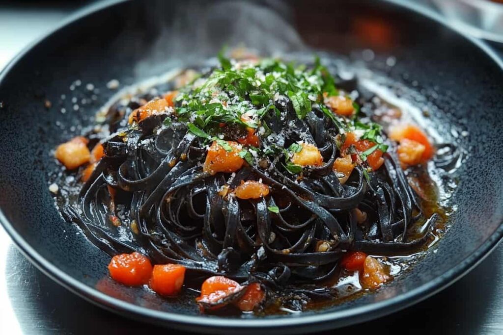 A close-up of cooked squid ink pasta with shrimp and parsley, showcasing its dark color.