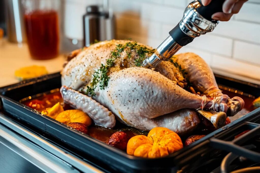 Close-up of a turkey being injected with a flavorful turkey injection recipe.