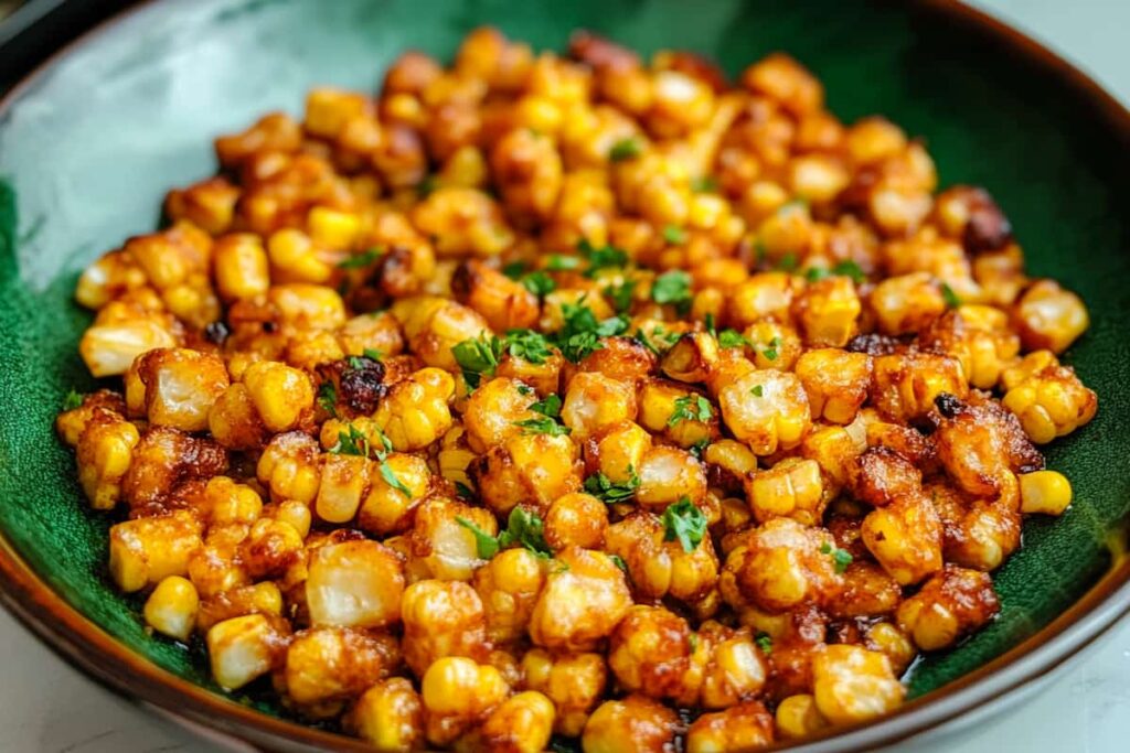 A close up of golden fried corn kernels in a pan, sizzling.