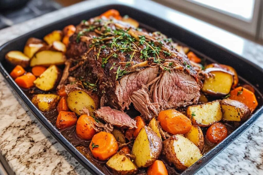 A tender, juicy venison roast recipe shown on a cutting board, ready to serve.