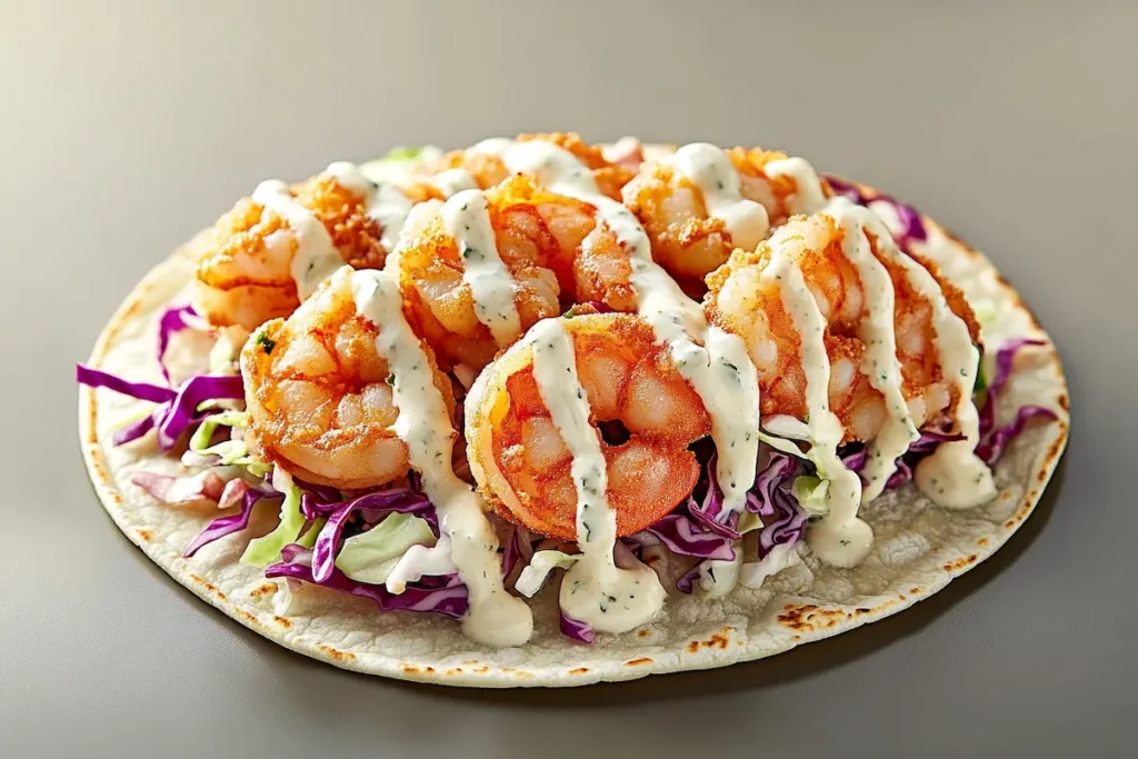 Delicious and colorful baja shrimp taco with fresh slaw.