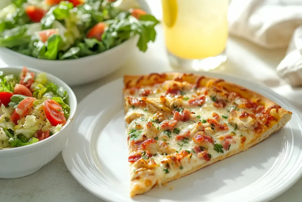 A delicious Chicken Bacon Ranch Pizza with a side salad and refreshing lemonade.