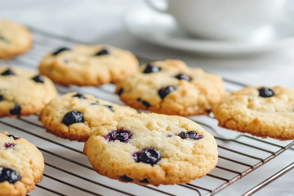 Lemon blueberry cookies cooling on a rack with a cup of tea in the background