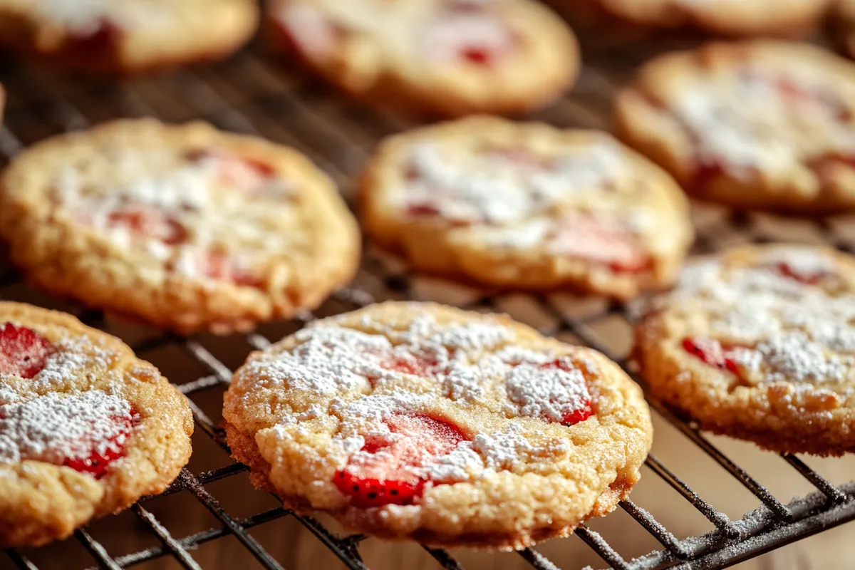 Freshly baked strawberry cheesecake cookies cooling on a rack.