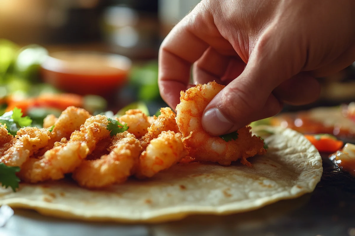 Preparing delicious baja shrimp tacos with crispy fried shrimp.