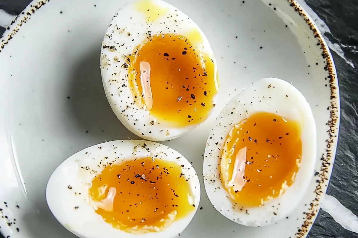 A half of a jammy egg with a creamy yolk.