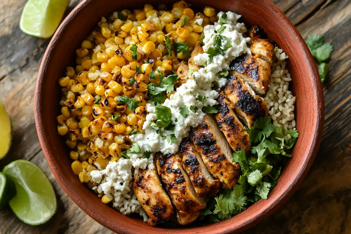 A vibrant and delicious Street Corn Chicken Rice Bowl topped with fresh cilantro and cotija cheese.