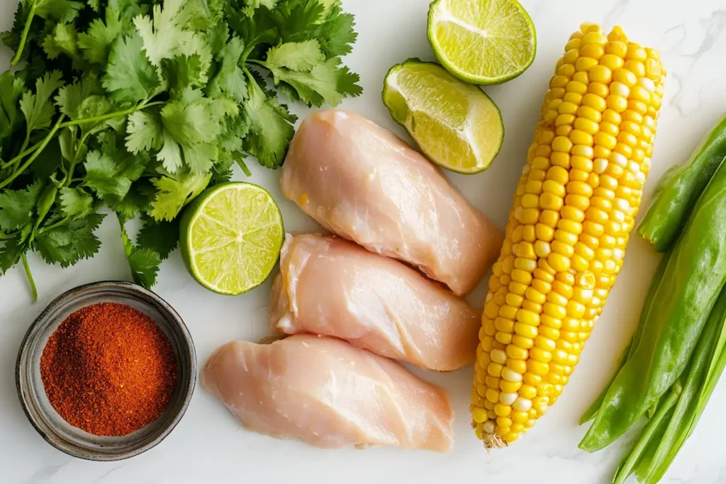 The fresh ingredients needed to create a delicious Street Corn Chicken Rice Bowl, including corn, lime, and cilantro.