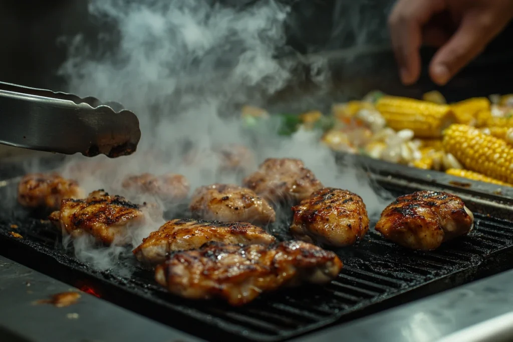 Marinated chicken and corn being grilled on a grill pan for Street Corn Chicken Rice Bowl.