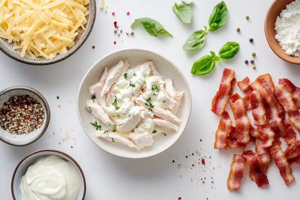  Flat-lay of essential ingredients for Chicken Bacon Ranch Pizza.