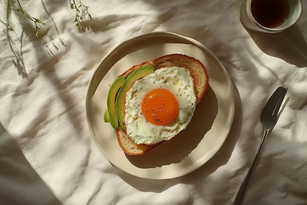 Toast with avocado and a jammy egg on top