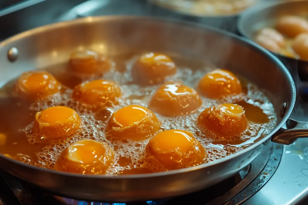 A cooking process of jammy eggs, showing various stages.